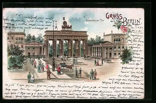 Lithographie Berlin, Passanten vor dem Brandenburger Tor