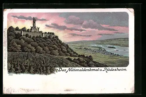 Lithographie Rüdesheim, Stadtpanorama mit Nationaldenkmal