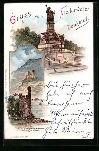 Lithographie Rüdesheim, Niederwald-Denkmal, Mäusethurm, Ehrenfels & Rössel