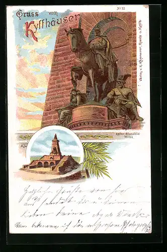Lithographie Kyffhäuser, Kaiser Wilhelm-Denkmal, Reiterstandbild