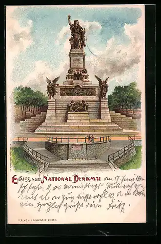 Lithographie Rüdesheim, National-Denkmal auf dem Niederwald