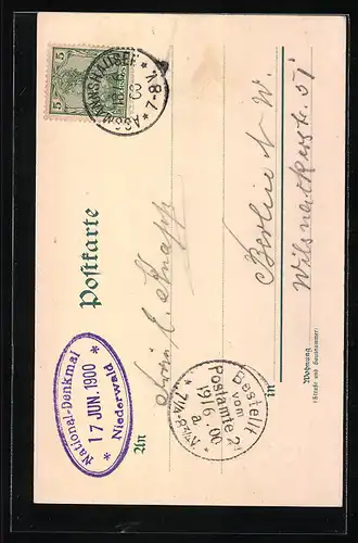 Lithographie Rüdesheim, National-Denkmal auf dem Niederwald