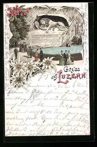 Lithographie Luzern, Besucher vor dem Löwen-Denkmal