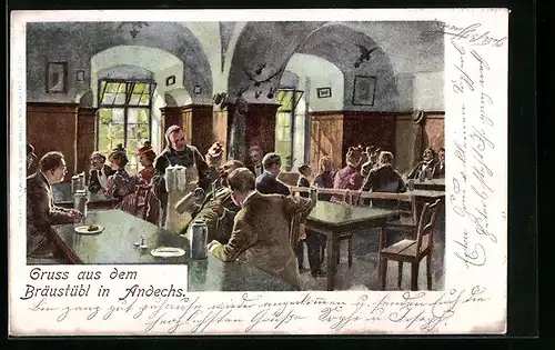 Lithographie Andechs, Gasthaus Bräustübl, Innenansicht