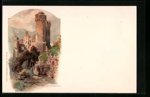 Lithographie Rüdesheim am Rhein, Ruine Ehrenfels