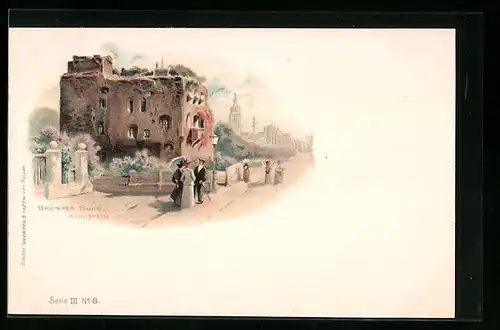 Lithographie Rüdesheim am Rhein, Bromser Burg