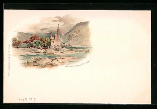 Lithographie Bingen am Rhein, Blick zum Mäusethurm