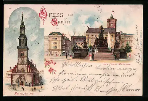 Lithographie Berlin, Marienkirche, Luther-Denkmal, Neuer Markt