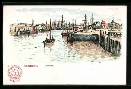 Lithographie Cuxhaven, Hafenbild, Reklame für Hoffmann's Stärkefabrik