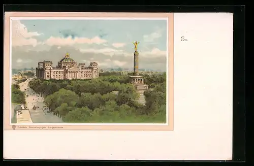 Lithographie Berlin, Reichstagsgebäude und Siegessäule