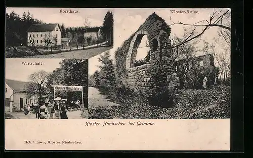 AK Grimma, Gasthaus Kloster Nimbschen, Forsthaus, Kloster-Ruine