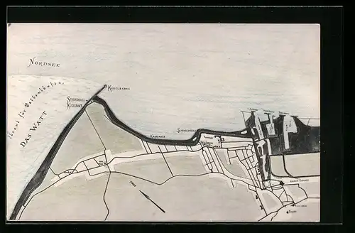AK Cuxhaven / Nordseebad, Landkarte mit Watt und Kugelbaake