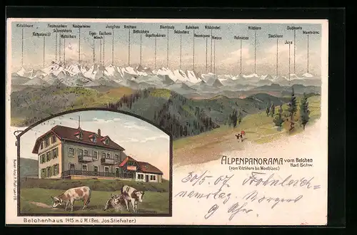 Lithographie Belchen, Gasthaus Belchenhaus, Alpenpanorama