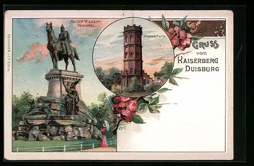 Lithographie Duisburg, Kaiserberg mit Wasserturm und Kaiser Wilhelm-Denkmal