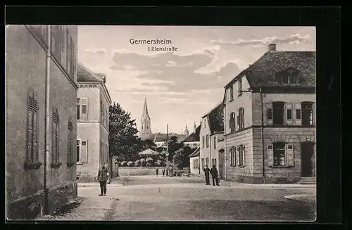 AK Germersheim, Lilienstrasse mit Kirche im Hintergrund