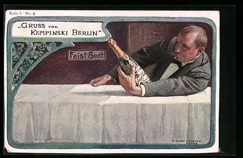 Künstler-AK Berlin, Weinstuben Kempinski, Mann mit Feist-Sect-Flasche