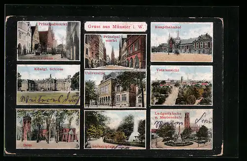 AK Münster i. W., Dom, Universität, Prinzipalmarkt, Hauptbahnhof