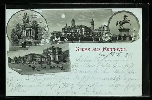 Mondschein-Lithographie Hannover, Polytechnikum, Sachsen-Ross, Krieger-Denkmal, Bahnhof