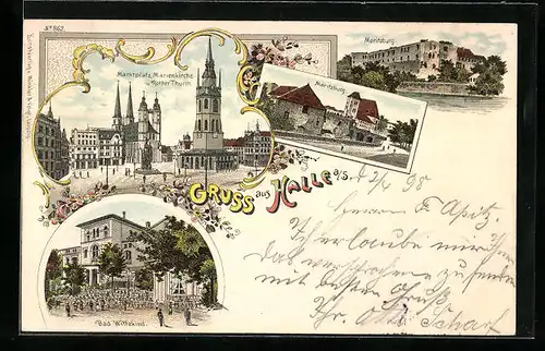 Lithographie Halle a. S., Marktplatz m. Marienkirche u. Rother Thurm, Bad Wittekind, Moritzburg