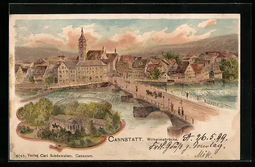 Lithographie Cannstatt, Uferpartie mit Wilhelmsbrücke