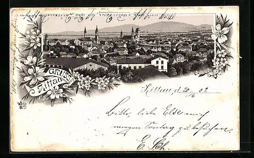 Lithographie Zittau, Ortsansicht aus der Vogelschau