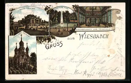 Lithographie Wiesbaden, Neues Theater, Curhaus Park, Kochbrunnen und Trinkhalle, Russische Kapelle