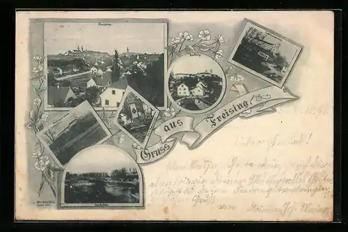 AK Freising, Ortsansicht aus der Vogelschau, Domberg, Lehrerseminar, Weihenstephan, Max Monument, Isarbrücke