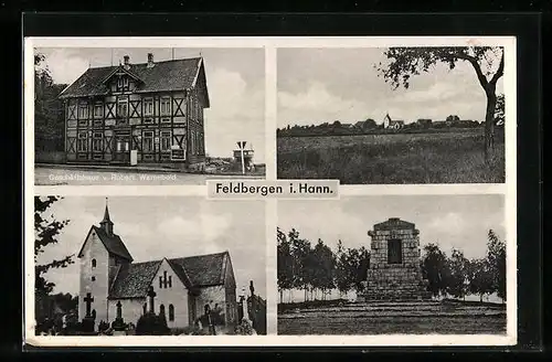 AK Feldbergen i. Hann., Geschäftshaus v. Robert Warneboid, Kirche, Denkmal, Ortsansicht