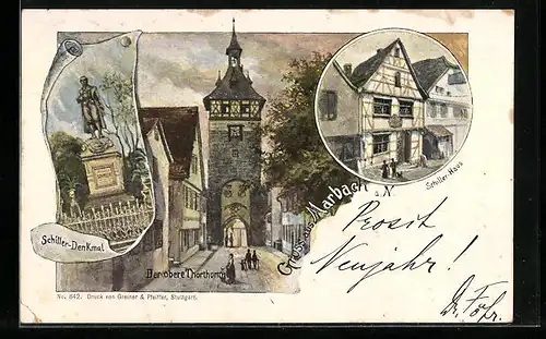 Lithographie Marbach a. N., Schiller-Haus, Oberer Thorthurm, Schiller-Denkmal