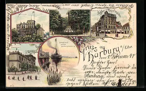 Lithographie Harburg a. Elbe, Wartburg, Kriegerdenkmal, Stadttheater, Amband, Dampfschiff