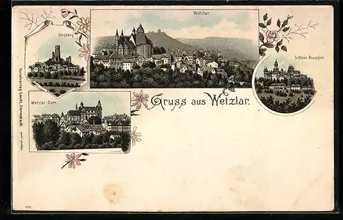 Lithographie Wetzlar, Schloss Braunfels, Vetzberg, Wetzlar-Dom, Ortsansicht