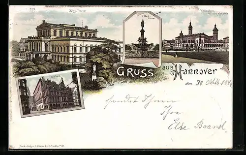 Lithographie Hannover, Wlfenschloss, Techn. Hochschule, Ebhardt-Brunnen, Königl. Theater, Rathhaus