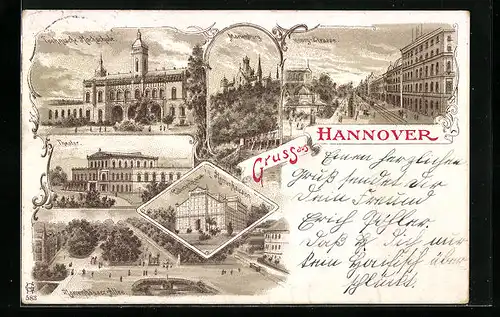 Lithographie Hannover, Georg-Strasse, Marienburg, Techn. Hochschule, Palmenhaus i. Herrenhausen, Herrenhäuser Allee