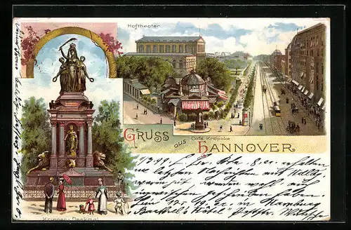Lithographie Hannover, Strassenpartie mit Hoftheater und Café Kröpke, Krieger-Denkmal