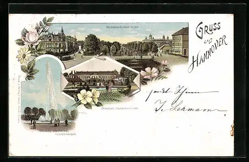 Lithographie Hannover, Herrenhäuser-Allee, Schloss Herrenhausen, Grosse Fontaine Herrenhausen