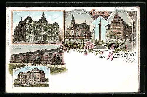 Lithographie Hannover, Christus Kirche, Alte Kanzlei, Post, Königl. Schloss, Neues Kestner-Museum
