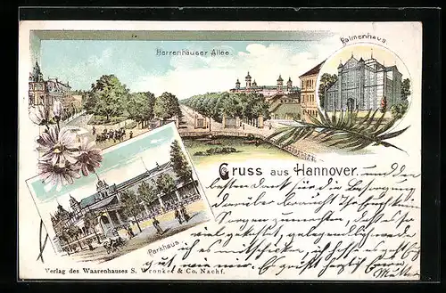 Lithographie Hannover, Herrenhäuser-Allee, Palmenhaus, Parkhaus