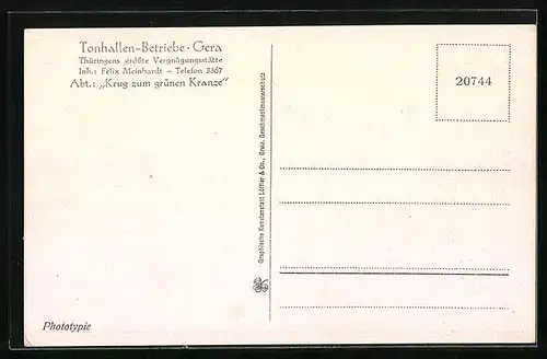 AK Gera, Tonhallen-Betriebe, Abt. Krug zum grünen Kranze, Inh. Felix Meinhardt