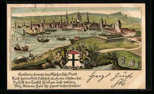 Lithographie Constanz, Totalansicht der Ortschaft, Wappen