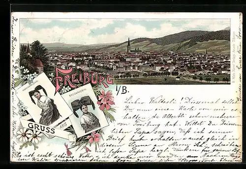 Lithographie Freiburg i. B., Ortsansicht aus der Vogelschau, Markgräflerin, Breisgauerin, Trachten
