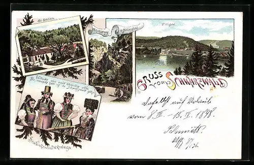 Lithographie Titisee /Schwarzw., Hirschsprung i. Höllenthal, St. Ottilien, Schwarzwaldtrachten