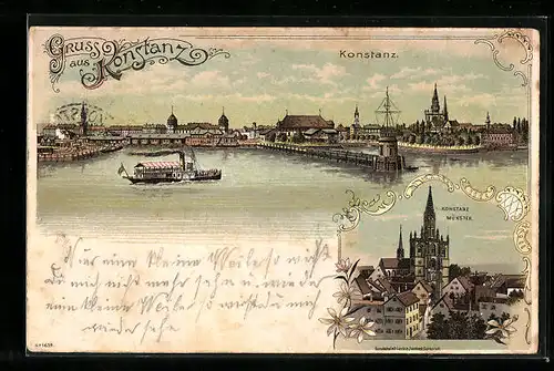Lithographie Konstanz, Münster, Ortsansicht mit Hafenpartie