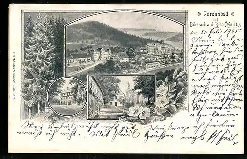 Lithographie Jordanbad b. Biberach a. d. Riss, Ortsansicht aus der Vogelschau, Strassenpartie