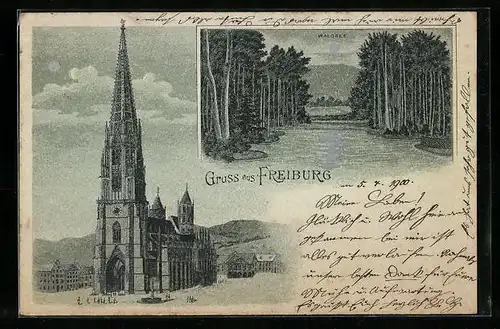Mondschein-Lithographie Freiburg, Kirche u. Waldsee im Vollmondlicht