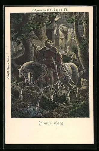 Lithographie Fremersberg, Reiter mit Krone, Schwarzwald-Sagen VII.