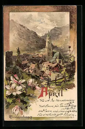Künstler-AK Theodor Guggenberger: April, Ortschaft in den Bergen