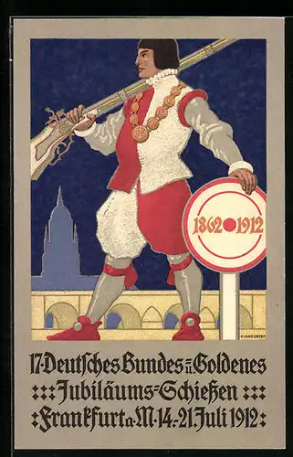 AK Frankfurt a. M., Schützenfest 1912, Historischer Schütze mit Schiessscheibe