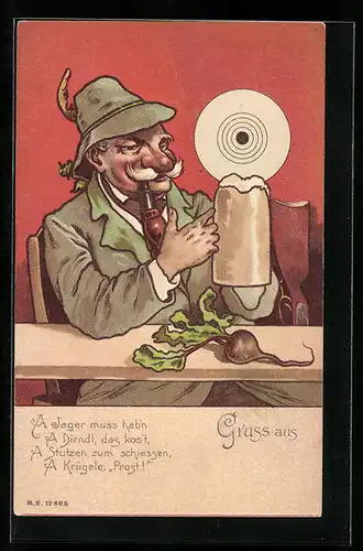 Lithographie Schütze mit Pfeife, Bier und Rettich, Schiessscheibe