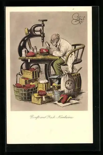 Künstler-AK Heinz Geilfus: Bad Nauheim, Arzt repariert Herzen an der Werkbank