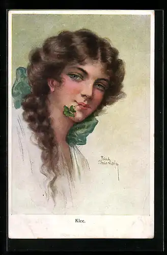 Künstler-AK Ruab Gnischaf: Junge Dame mit Kleeblatt im Mund